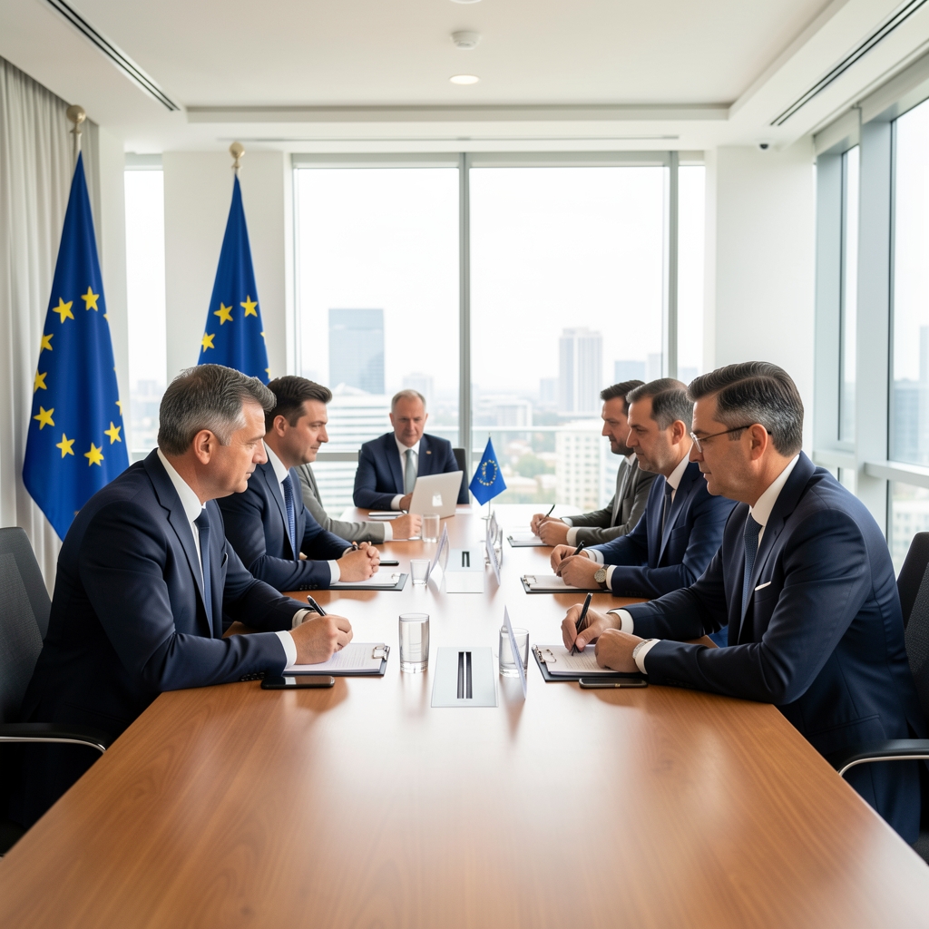 Политичари на потписивању споразума за столом у свечаној сали са заставама Европске уније и Црне Горе