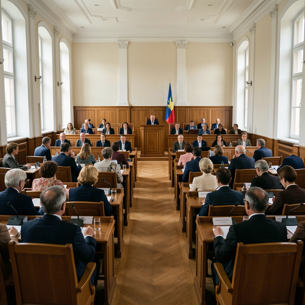 Засједање скупштине Црне Горе са посланицима у сали, трибина са говорницом у центру кадра